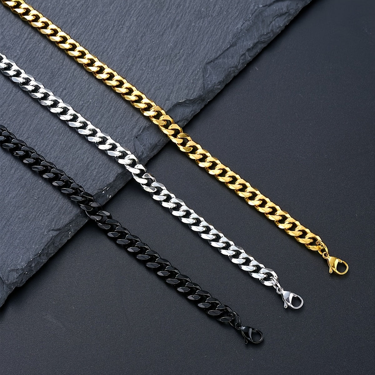 3pcs Set of Minimalist Hollow Titanium Stainless Steel Cuban Bracelets, Golden, Silvery, and Black Combo, Unisex, Perfect for Christmas, Valentine's Day, New Year, Ideal Gift for Boyfriend, Father, and Son