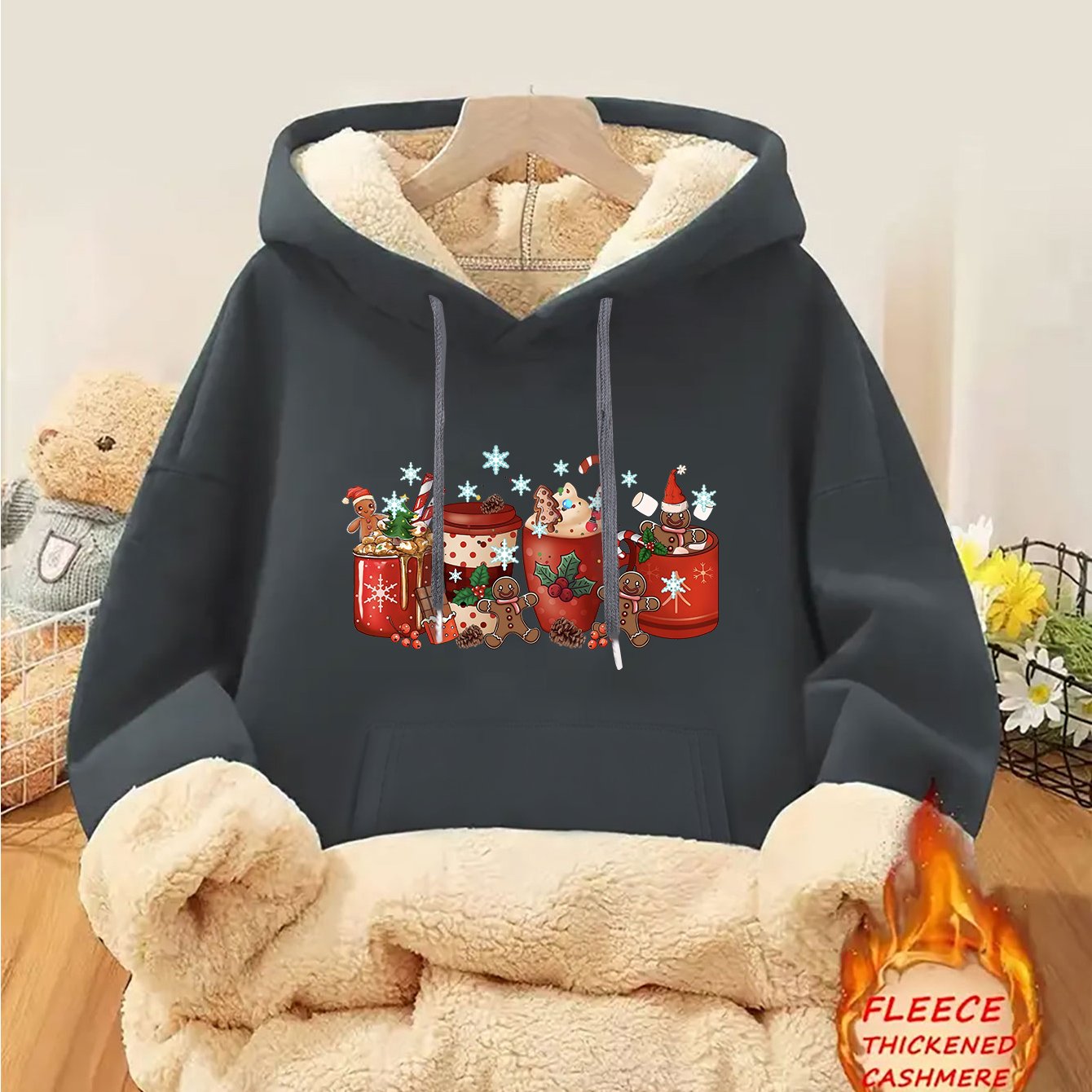 1pc Women's Thick-Lined Hooded Sweatshirt with Gingerbread for Man in Santa Hat & Candy Cane Print - Cozy Plush Lined, Soft Polyester Warm Pullover for Fall/Winter, Machine Washable Casual Outerwear, Cold Weather Wear, Minima