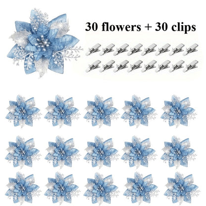 60 Shiny Flower Clips - 5.5-Inch Large Decorative Set, Suitable for Christmas, Weddings, New Year & Family Gatherings - Includes 30 Flowers & 30 Clips, Easy To Hang, Best For Christmas