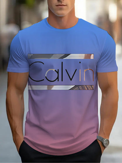 Men'S "Calvin" Graphic T-Shirt - Casual 3D Print Letter Tee with Geometric Design, Short Sleeve, Round Neck, Light Blue, Perfect for Summer, Everyday  Sportswear, Casual Wear Tee   Modern Casualwear   Comfortable Fit