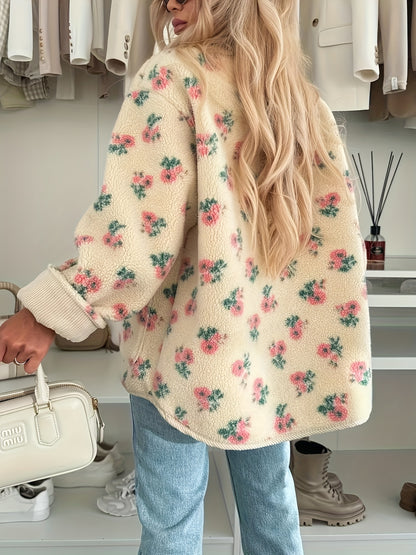 Կանացի ծաղկային նախշերով V-ձև օձիքով, կոճակներով առջևի վերարկու՝ գրպաններով - մեծ չափի H-գծի ուրվագիծ, լվացքի մեքենայով լվացվող ձմեռային բաճկոն՝ վարդագույն և կանաչ գույներով, աշուն/ձմեռ սեզոնի համար նախատեսված առօրյաից մինչև կիսաֆորմալ վերնազգեստ