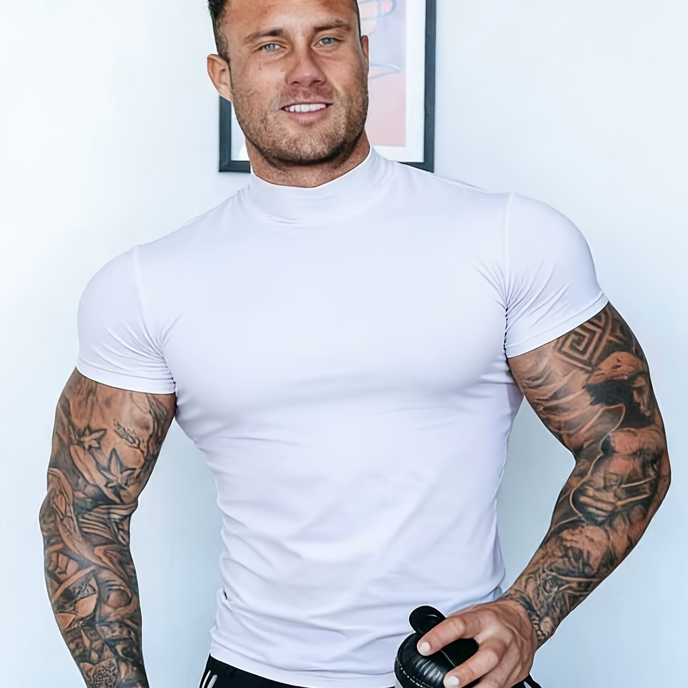 Summer Slim-Fit Stretchy Quick-Dry Running Fitness Short Sleeve Men'S High Neck Casual T-Shirt | Solid Color, Ideal for Sports and Casual Wear - ayq