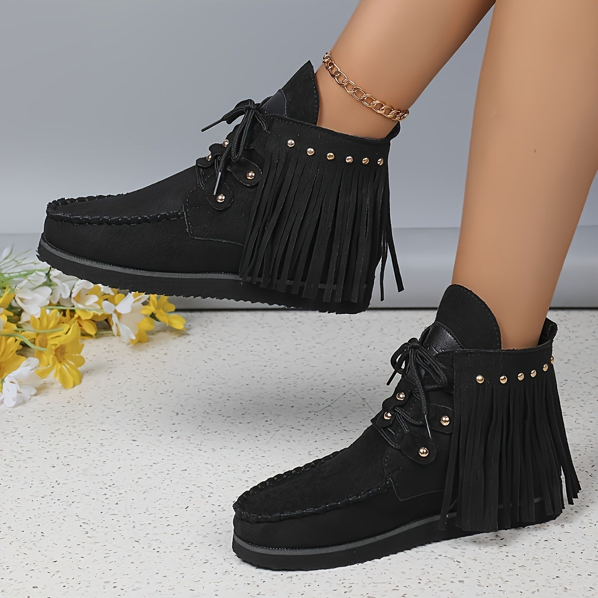 Women'S Fashion Solid Color Tassel and Rivet Chunky Sole Anti-Slip Soft Sole Chelsea Boots, Round Toe Lace-Up Zipper Western Cowboy Boots, Casual All-Season Comfort Flat Heel Dress Boots with Superfine Fiber Upper/Inner & Rub