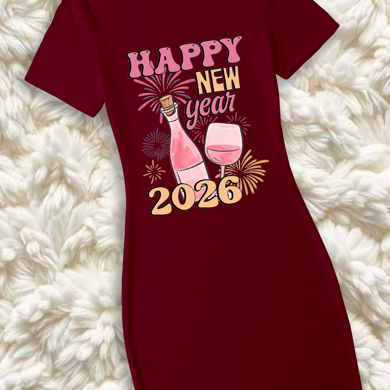 Women'S Elegant 2026 New Year Print Maxi Dress - Short Sleeve Round Neck Long Dress with Happy New Year 2026 Design, Vibrant Pink & Golden Sparklers & Confetti, Casual Party Outfit For Christmas, New Year'S Eve, Or Everyday W