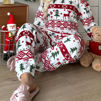 Women'S Christmas Pattern Pajama Set | Comfortable Long-Sleeve Home Wear for Fall/Winter, Crew Neck