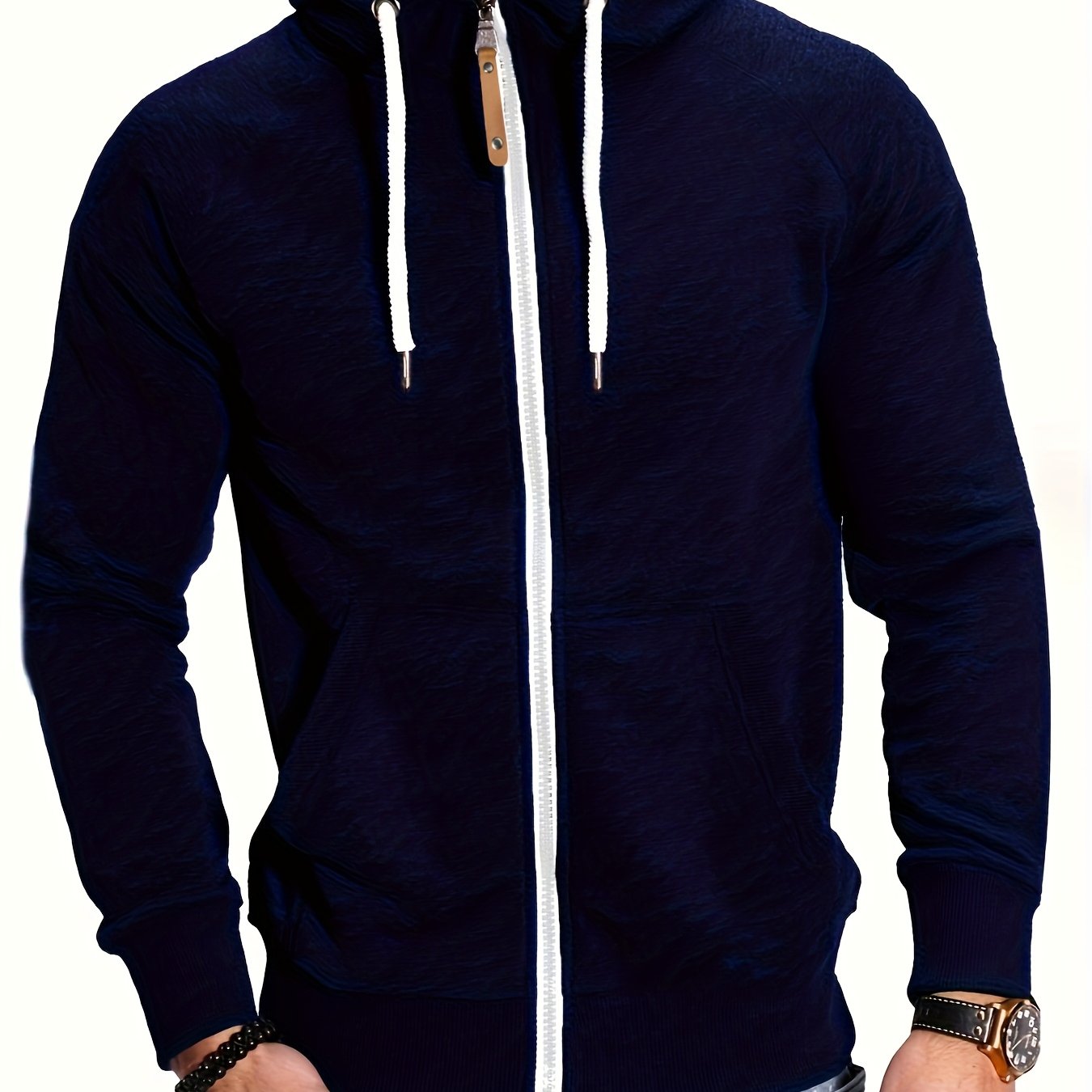 Men'S Navy Blue Hooded Zip-Up Sweatshirt - Casual Long Sleeve Pullover with Front Pockets, Soft Polyester Fabric, Perfect for Fall/Winter, Everyday Comfort Apparel|Hooded Sweatshirt|Zippered Hoodie