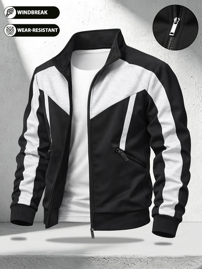 Men's Color-Block Zip-Up Casual Sports Jacket with Pockets