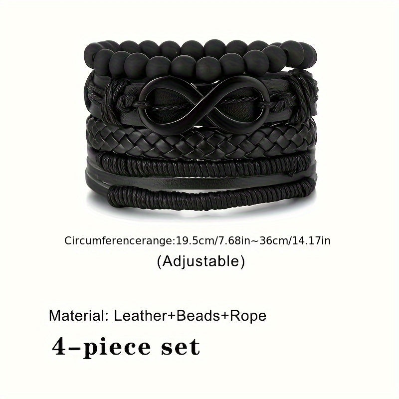 Men's 4pcs Mobius Loop Denim Faux Leather Bracelet Set - Vintage Infinity Bead Multi-Layer Band for Rock & Carnival Fashion, Band, Faux Leather