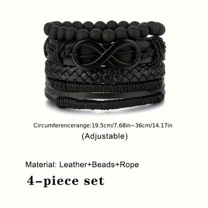 Men's 4pcs Mobius Loop Denim Faux Leather Bracelet Set - Vintage Infinity Bead Multi-Layer Band for Rock & Carnival Fashion, Band, Faux Leather