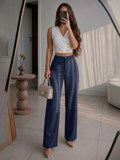 Petite High-Waisted Wide Leg Pants - Chic Draped Straight Trousers