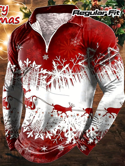 Men's Long Sleeve Christmas Themed Shirt with Zipper, 100% Polyester Knit Fabric, Regular Fit Party Style Collar Top for Spring/Fall