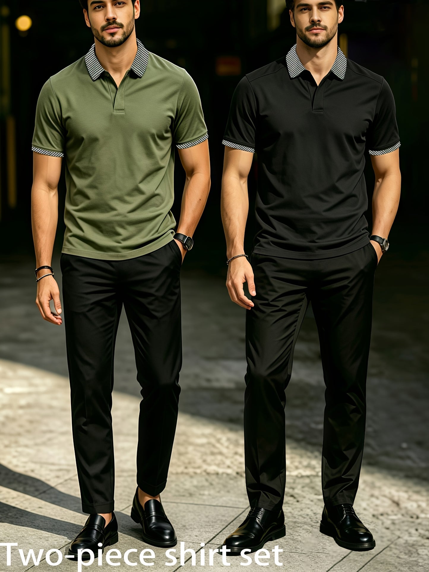 Men's Summer Plaid Collar Polo & Black Pants Casual Set