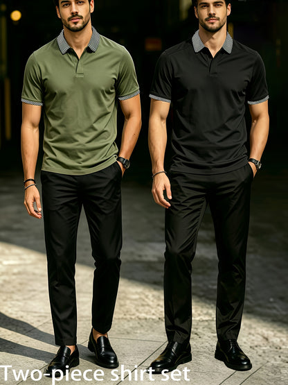 Men's Summer Plaid Collar Polo & Black Pants Casual Set