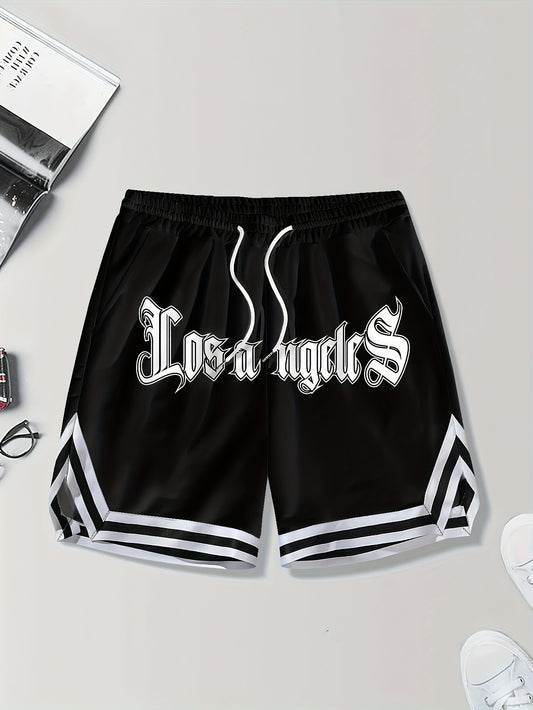 Men'S Los Angeles Print Basketball Shorts, Casual Loose Fit Polyester 100% Woven Fabric, Non-Stretch Sports Shorts with Drawstring for Workout & Outdoor, Alphabet Pattern Daily Wear