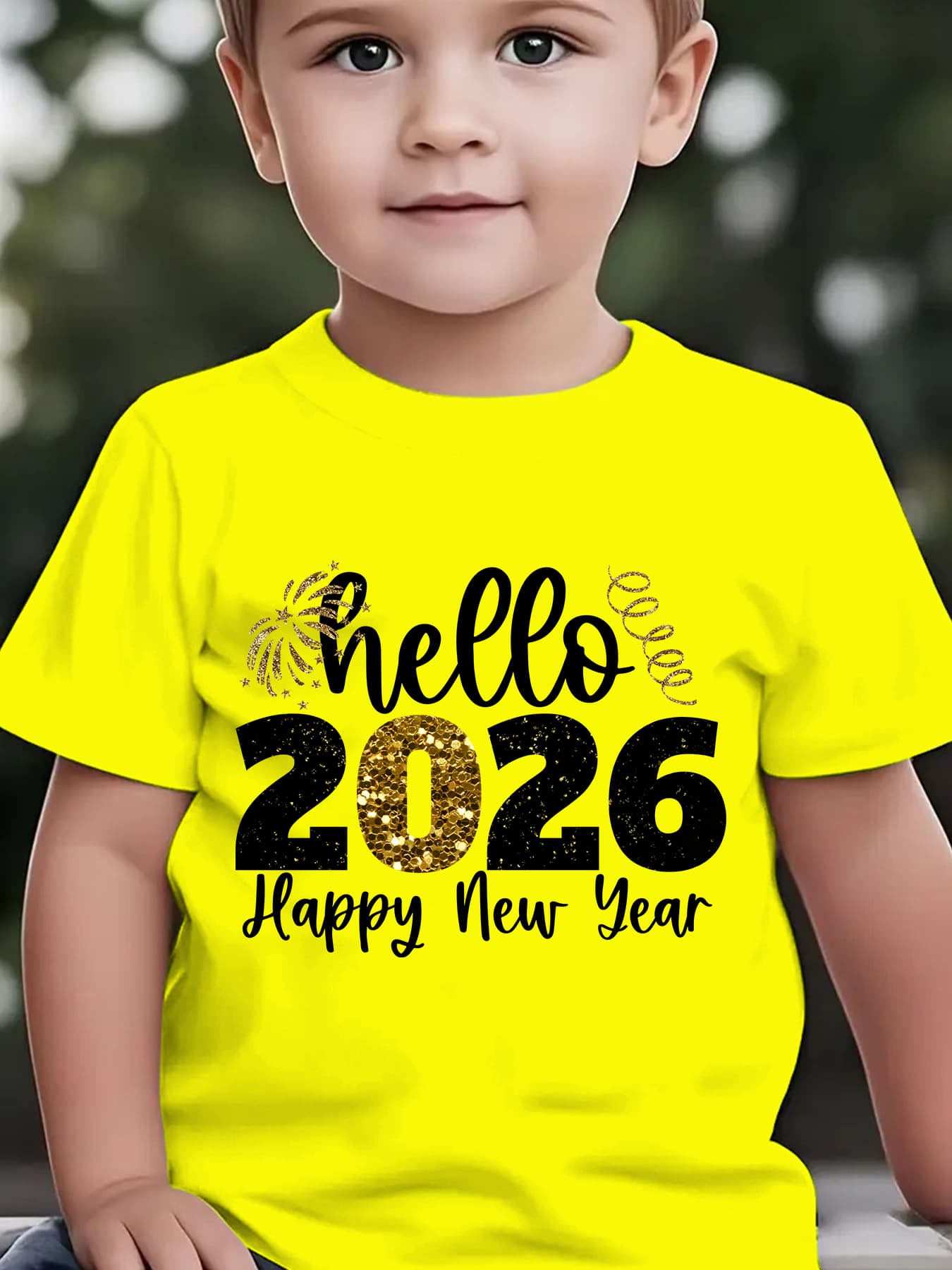 Boys' 2026 New Year'S Eve Party T-Shirt - Hello 2026 Happy New Year Fireworks Print with Golden & Lettering - Lightweight Summer Tee for Birthday Party Outfit, New Year'S Eve Celebration - Easy-care Kids Shirt, New Year T Shi
