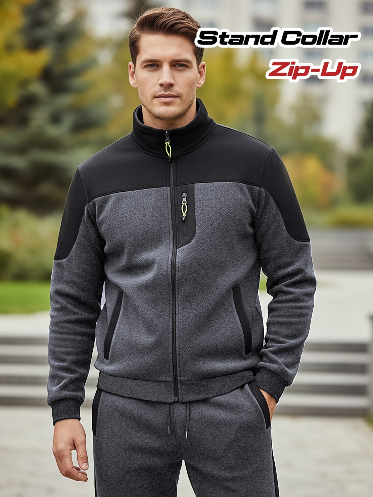 New Autumn And Winter Men'S Plush Zip-Up Color-Blocking Pocket Stand Collar Jacket And Long Pants Set, Stylish High Street Men'S Two-Piece Outfit