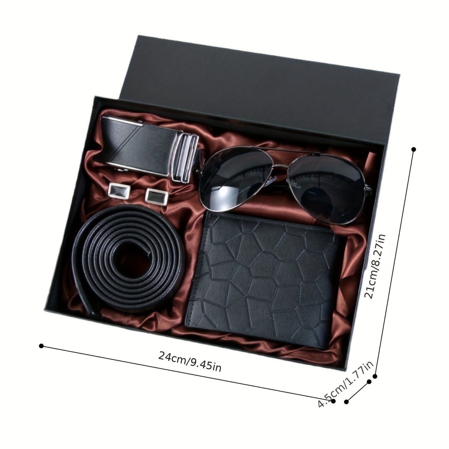 Men's 7pcs Business Gift Box Set: Textured Fashion Glasses, Matte Gunmetal Buckle, Comfortable Belt, Wallet, Fashionable Cufflinks, Elegant Gift Box – Perfect for Father's Day, Teacher's Day, Graduation, Christmas, Valentin
