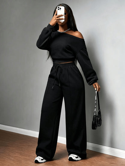 Women's Casual Off-Shoulder Sweatshirt & Wide-Leg Pants Set - ayq