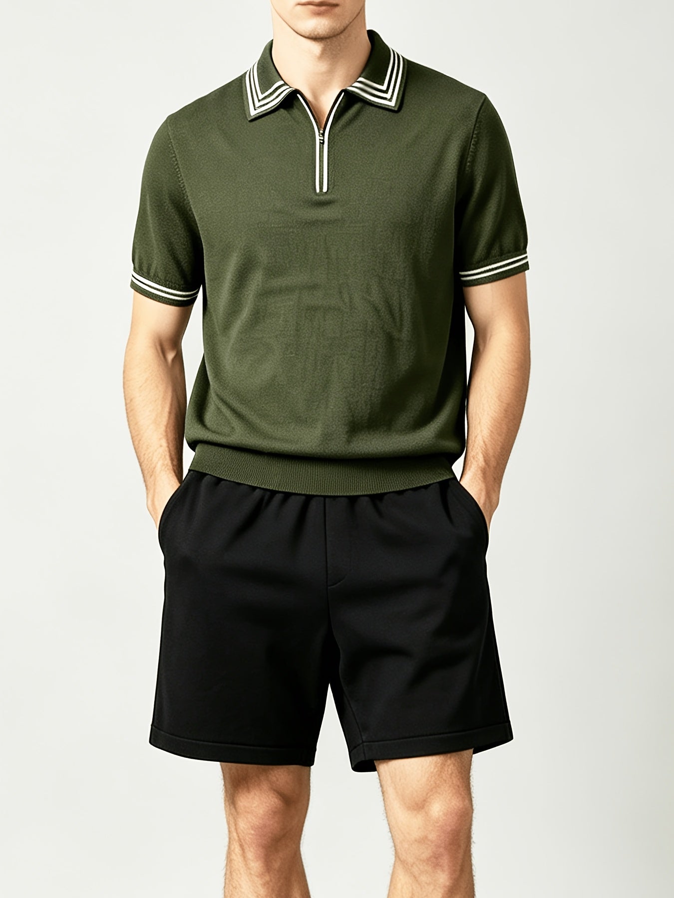Men's Casual Striped Knit Polo & Lightweight Shorts Set