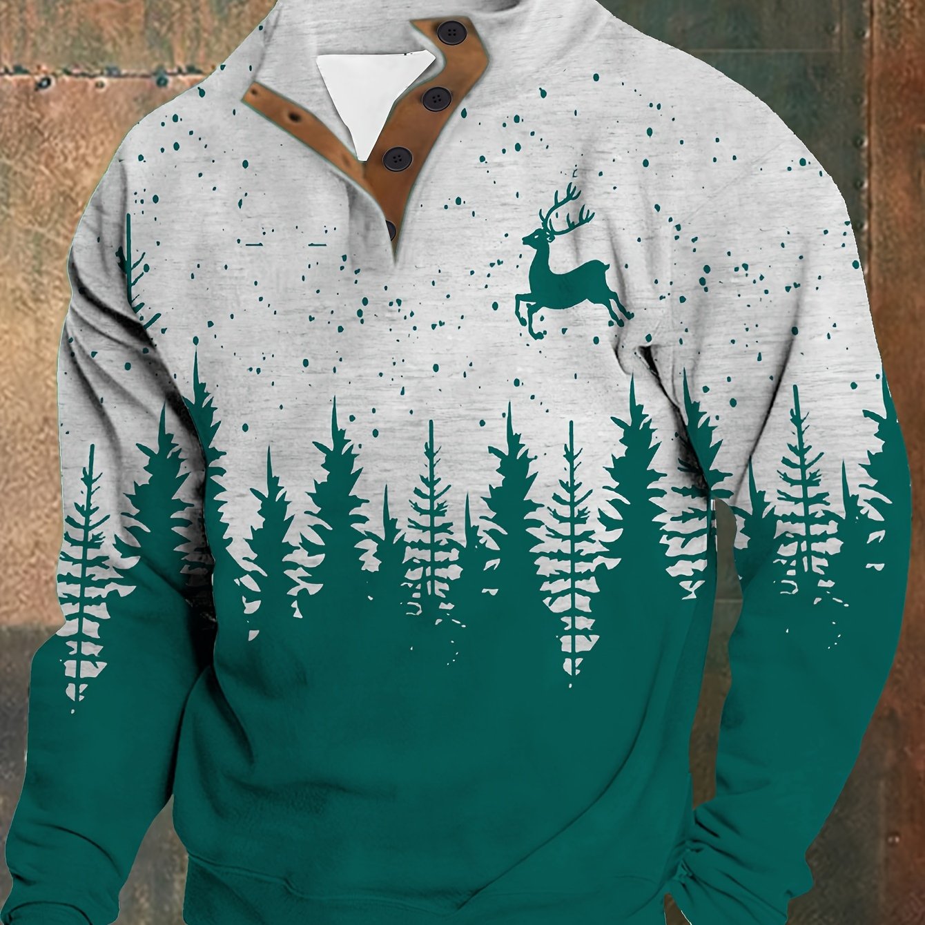 Men'S Plus Size Long Sleeve Henley Shirt with Forest & Deer Application, 100% Polyester Knit Fabric, Regular Fit Sporty & Party Top with Collared Neck and Slight Stretch - Printed Design