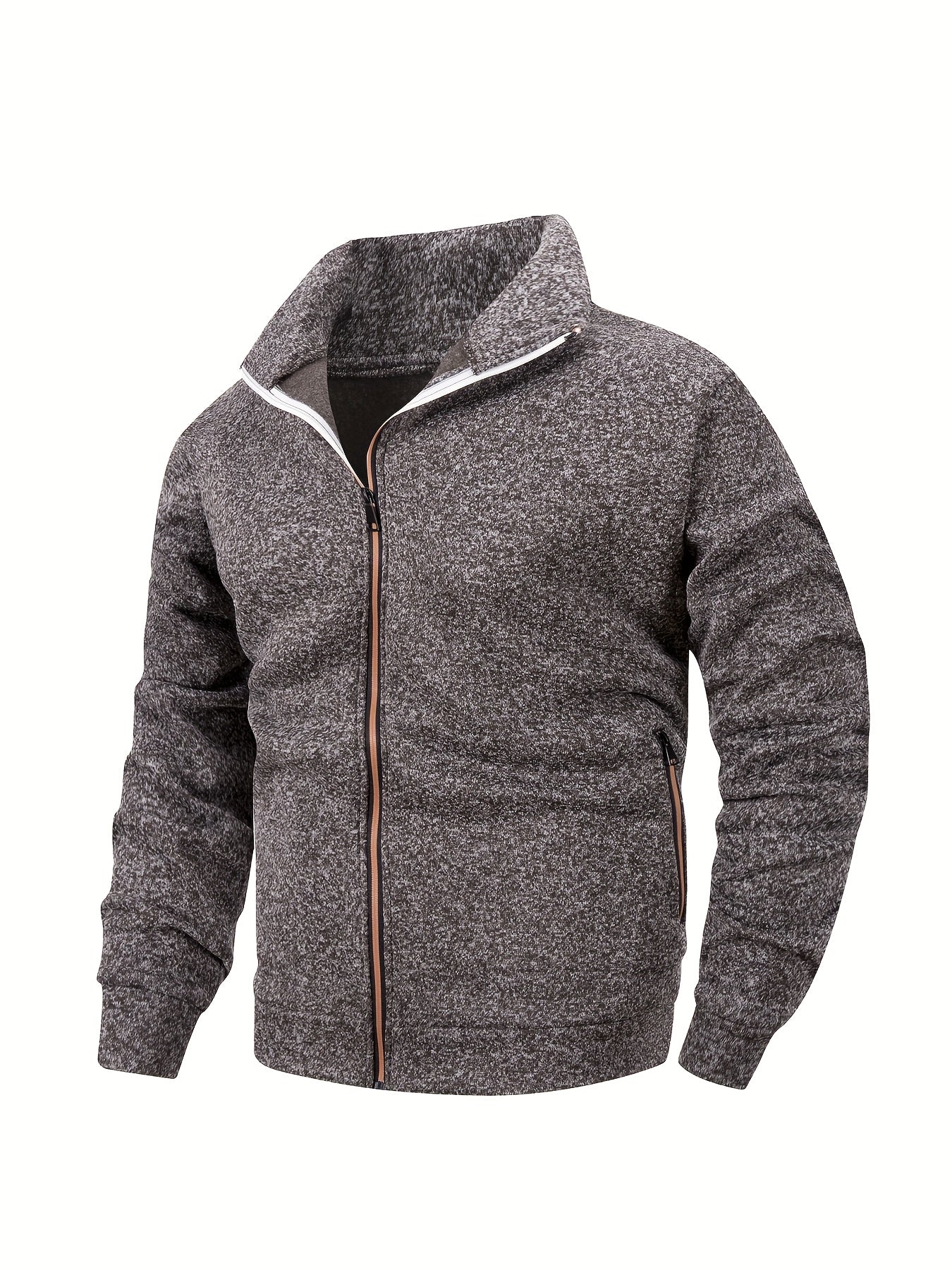 Men'S Stand Collar Zipper Jacket, Fashion Solid Color, Long Sleeve, Fleece, Soft, Casual, Polyester, with Zipper Pocket, for Daily, Sports, Fitness