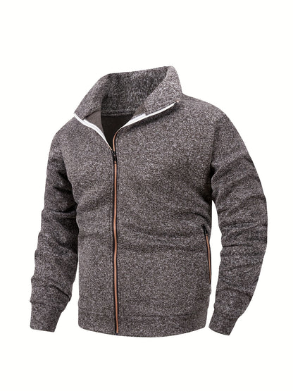 Men'S Stand Collar Zipper Jacket, Fashion Solid Color, Long Sleeve, Fleece, Soft, Casual, Polyester, with Zipper Pocket, for Daily, Sports, Fitness