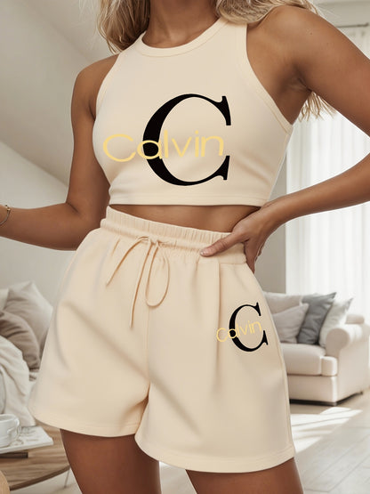 Women's Casual Two-Piece Set with Graphic Print Vest & Shorts