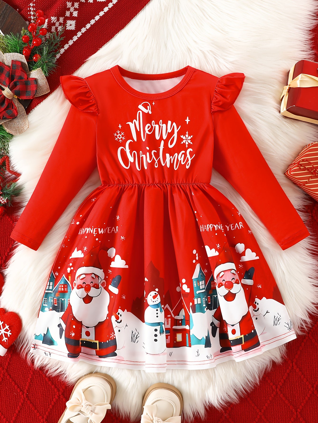 Girls' Christmas Party Dress - Long Sleeve Ruffled Hem Mid-Length Red Dress with Merry Christmas Print, Snowflakes & Santa Hats - Casual Holiday Outfit for Autumn & Winter Festive Celebrations, Durable Construction, Quality S