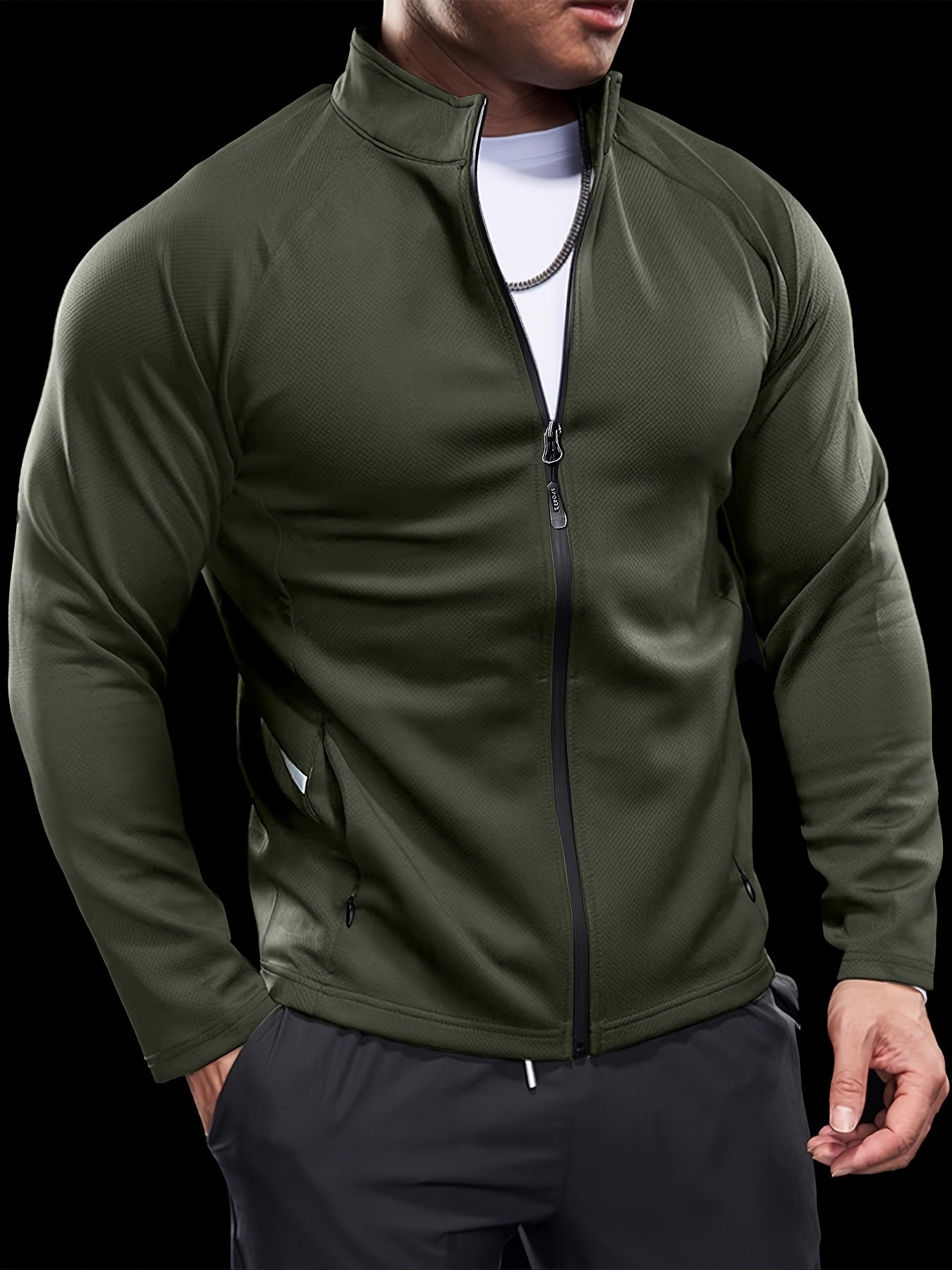 Men's Athletic Jacket - Quick-Dry Gym Coat with Zipper Closure, Lightweight Workout Jacket for Running, Hiking, Training - Olive Green Athletic Outerwear (Machine Washable) - Bodybuilding & Casual Streetwear, Workout Clothes,