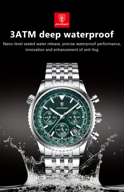 POEDAGAR Men's Luxury Stainless Steel Watch, Chronograph, Calendar, Date Display, Green Dial with Black Bezel & Roman Numerals, Quartz Movement, Casual to Business Style, Suitable for Women