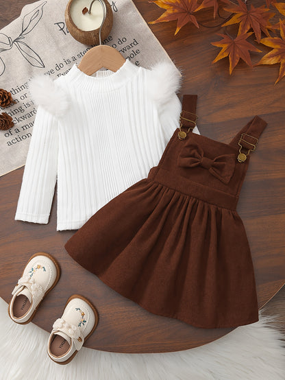 2 հատ մանկական ձմեռային հագուստի հավաքածու. Հարմարավետ փափուկ թևքերով զգեստ և A-գծի ժապավեն՝ օձիքով և ծոպերով զարդարանքով - փափուկ, տաք հագուստ լուսանկարահանումների համար, Սուրբ Ծնունդ (ձեռքով լվացվող), իդեալական է բացօթյա օգտագործման համար