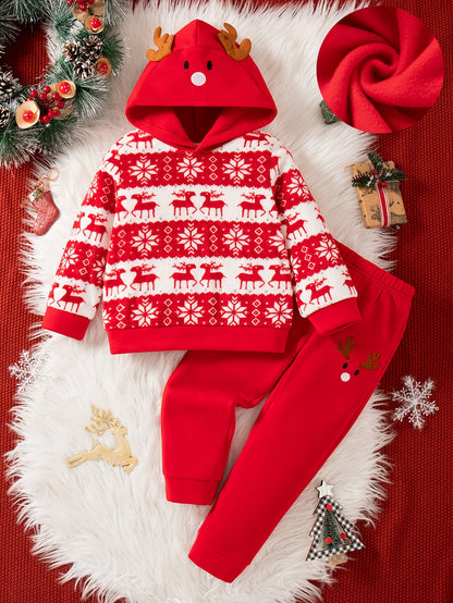 Տղաների համար նախատեսված ամանորյա, ասեղնագործված, սովորական չափսի, գլխարկով, երկար թևքերով, բրդյա բաճկոնով և տաբատով հագուստ՝ աշուն/ձմեռ, իդեալական է բացօթյա օգտագործման համար։