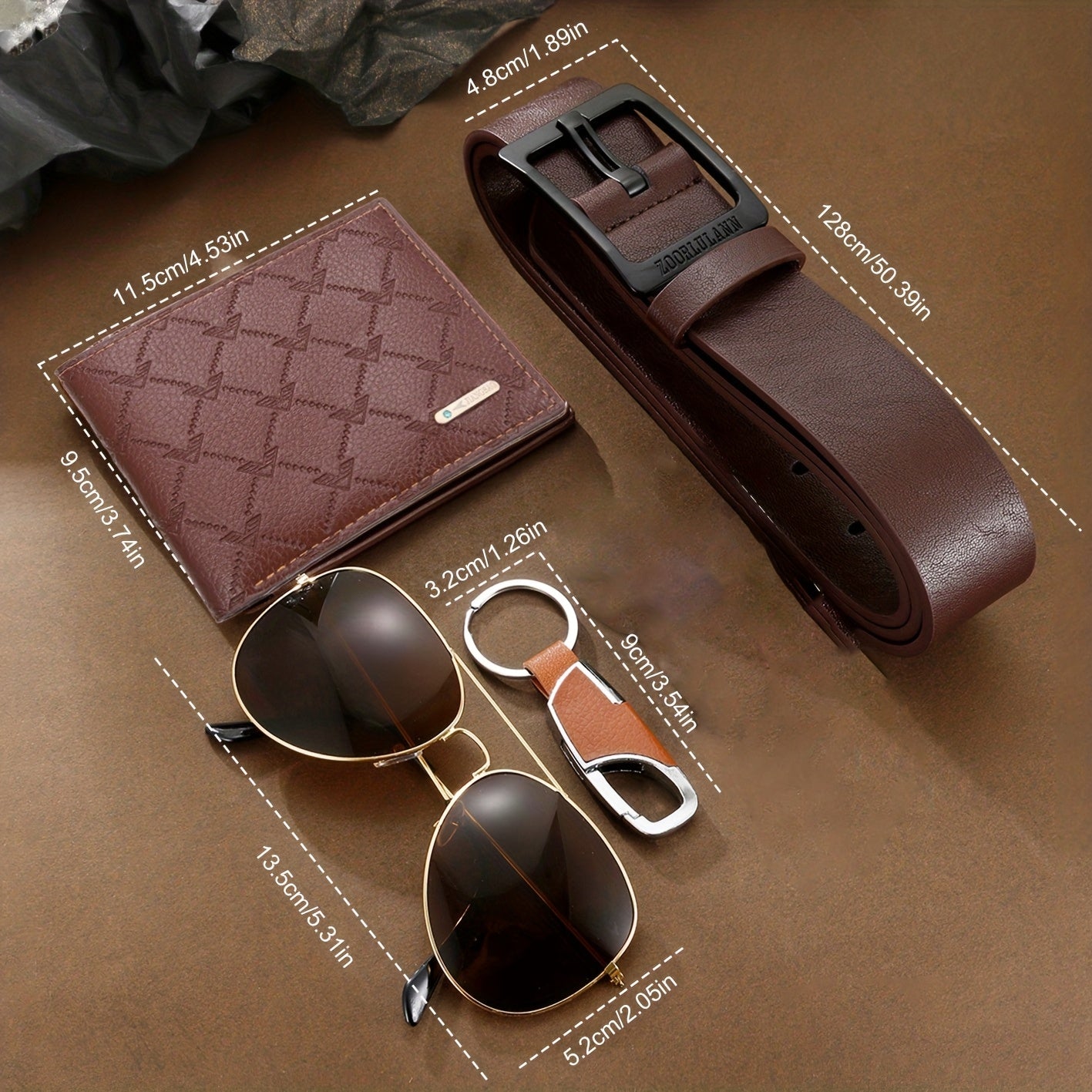 A Set of 5pcs Including a Classic And Easy Casual Wallet for Men, a Deep Brown Large Dial Quartz Watch, Glasses, a Keychain, And a Belt - The Perfect Gift for Loved Ones for Christmas, Valentine'S Day, New Year, And Halloween