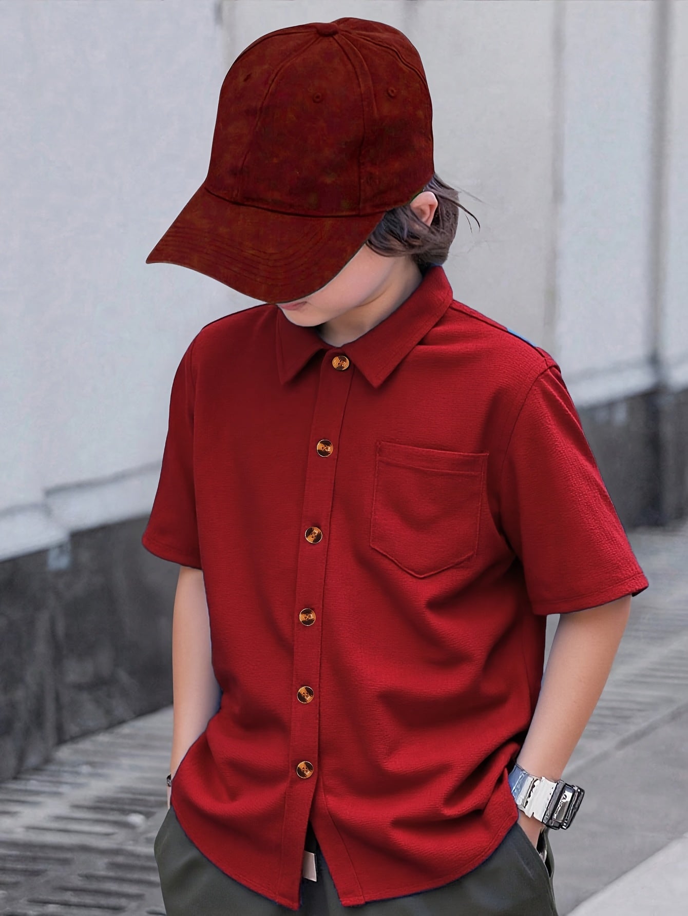Boys' Casual Monochrome Short-Sleeve Shirt with Chest Pocket