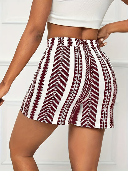 Women's Summer Striped Print Shorts - Vacation Elastic Waist, Lightweight Polyester Blend, Machine Washable, Maroon and White, Resort Fashion|Striped Pattern|Lightweight Fabric