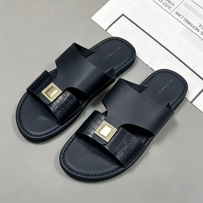 Men's Luxury Crocodile Embossed Slide Sandals with Metal Buckle