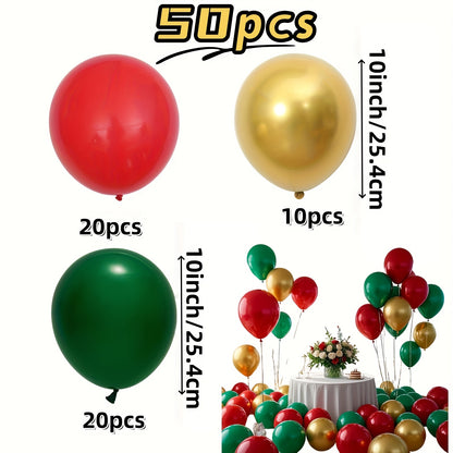 50pcs Red, Green, Golden Metal Balloon Set, 10-Inch Latex Balloons. Perfect for Birthday, Wedding, Thanksgiving, Christmas, New Year Decorations and Party Setup, Suitable For Winter Party Decorations, Anniversary Decorations,