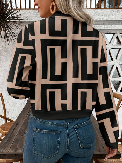 Women's Lightweight Geometric Print Zip-Up Bomber Jacket - Casual Long Sleeve, Machine Washable