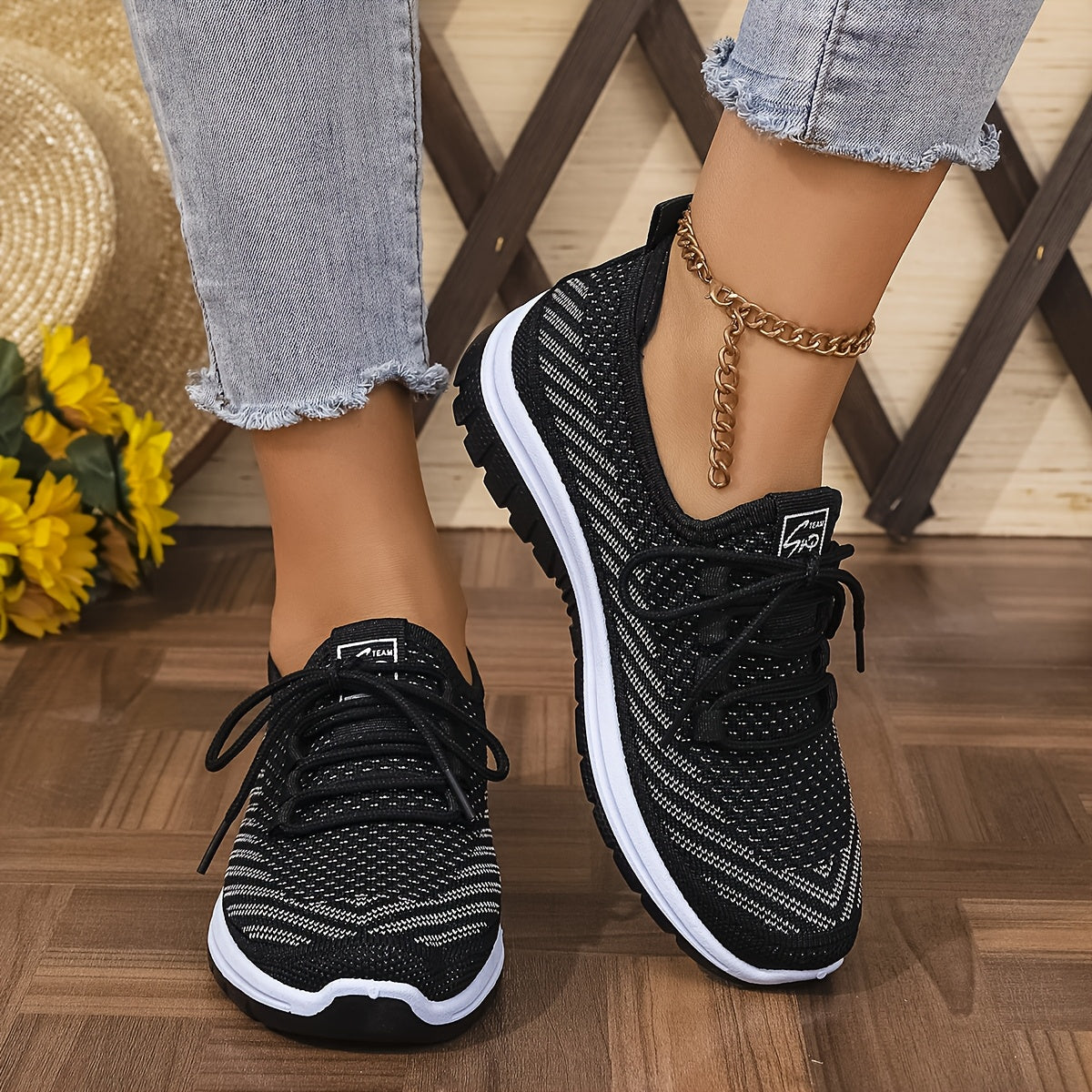 Women'S Knit Casual Sneakers - Stylish Striped Weave Pattern, Breathable Non-Slip Comfort Shoes with Rubber Sole for Outdoor Wear