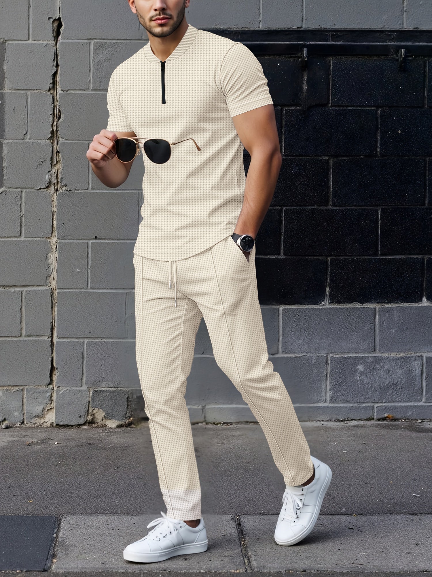 Men's Waffle Knit Zipper Shirt, Rib Collar Short Sleeve T-Shirt, Casual Breathable Summer Top - ayq