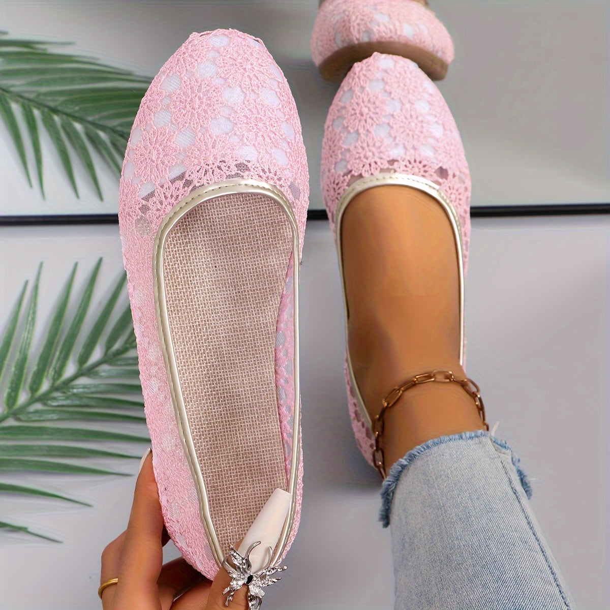 Women's Floral Lace Patttern Ballets, Slip On Soft Sole Breathable Comfy Flats, Elegant Shallow Mouth Shoes - ayq