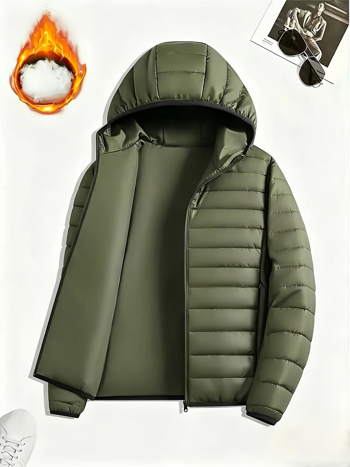 Men's Casual Hooded Padded Coat - Warm Polyester Outerwear