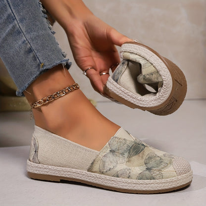 Women's Breathable Slip-On Loafers - Soft Sole Casual Walking Shoes, Lightweight & Comfortable, Beige Floral Pattern Fabric Upper, PU Cover Sole, Perfect for Casual Attire, Allseason Loafers | Slipon Comfort | Soft Sole Shoes