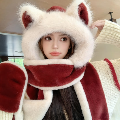 Women's Fox Ear Hat 3-in-1 with Scarf & Gloves - Winter Warm Windproof Cute Fox Ears, Lightweight Jacket-Compatible for cold Weather, Hand Washable Maomao Hat for, New Year & Holiday Outfits (Non-Stretch)