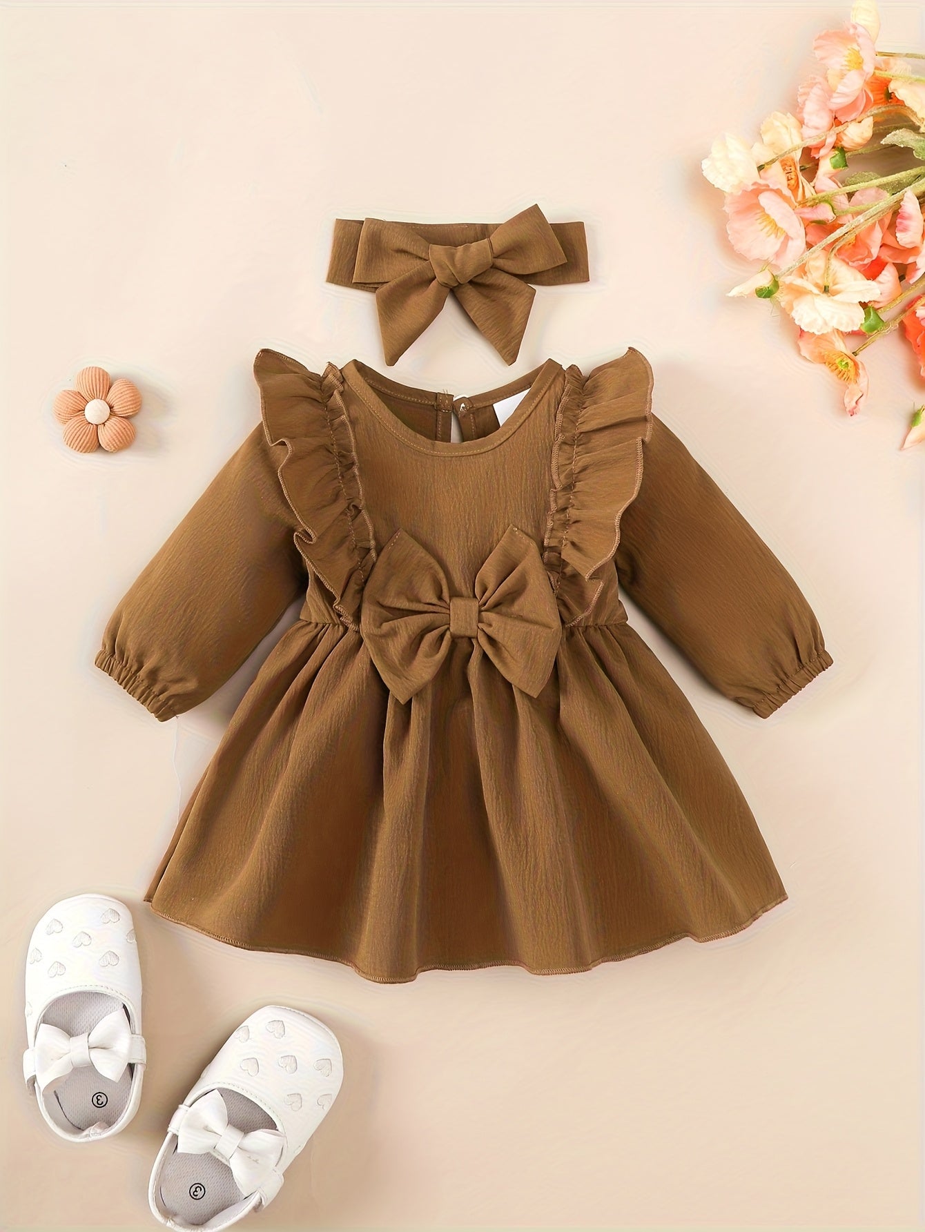 1-18 ամսական աղջիկների կարմիր զգեստ | Սուրբ Ծնունդ, Նոր Տարի, Տոնական և տոնական զգեստ գլխակապով, արքայադստեր ոճով, աշուն-ձմեռ հավաքածու, կլոր վզնոցով, երկար թևքերով, մինչև ծնկները, լայնացված եզրով