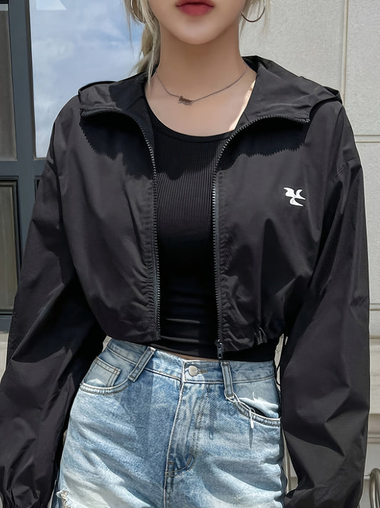 Chic Hooded Jacket for Women - Solid Color, Zip-Up, Polyester, Machine Washable - Perfect for Spring/Fall