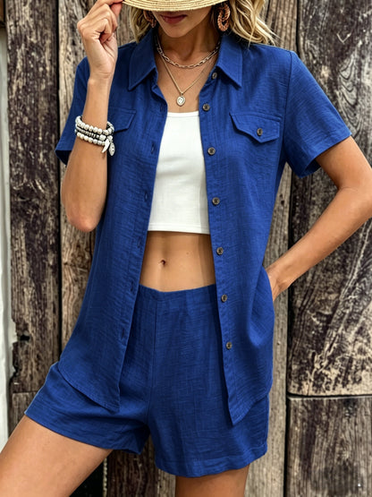 Women's Casual Linen-Texture Shirt & Shorts Set for Summer