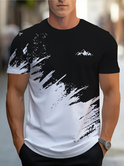 Men's Short-Sleeve T-Shirt with Bold Black  White Mountain Graphic Print - Breathable Summer Casual Tee, Regular Fit Round Neck, Hand Wash Only, Leisure Clothing, Modern Tee, Nontransparent Fabric, Daily Outfit, Creative Pat