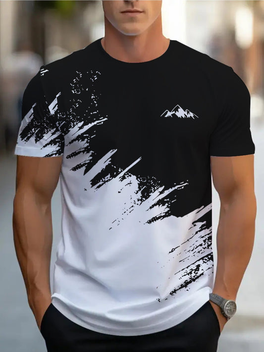 Men's Short-Sleeve T-Shirt with Bold Black  White Mountain Graphic Print - Breathable Summer Casual Tee, Regular Fit Round Neck, Hand Wash Only, Leisure Clothing, Modern Tee, Nontransparent Fabric, Daily Outfit, Creative Pat
