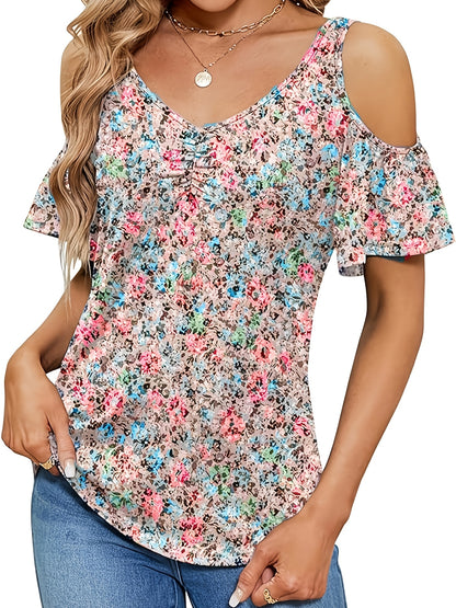 Women'S Summer V-Neck Pleated Floral Print Sexy Off-Shoulder T-Shirt